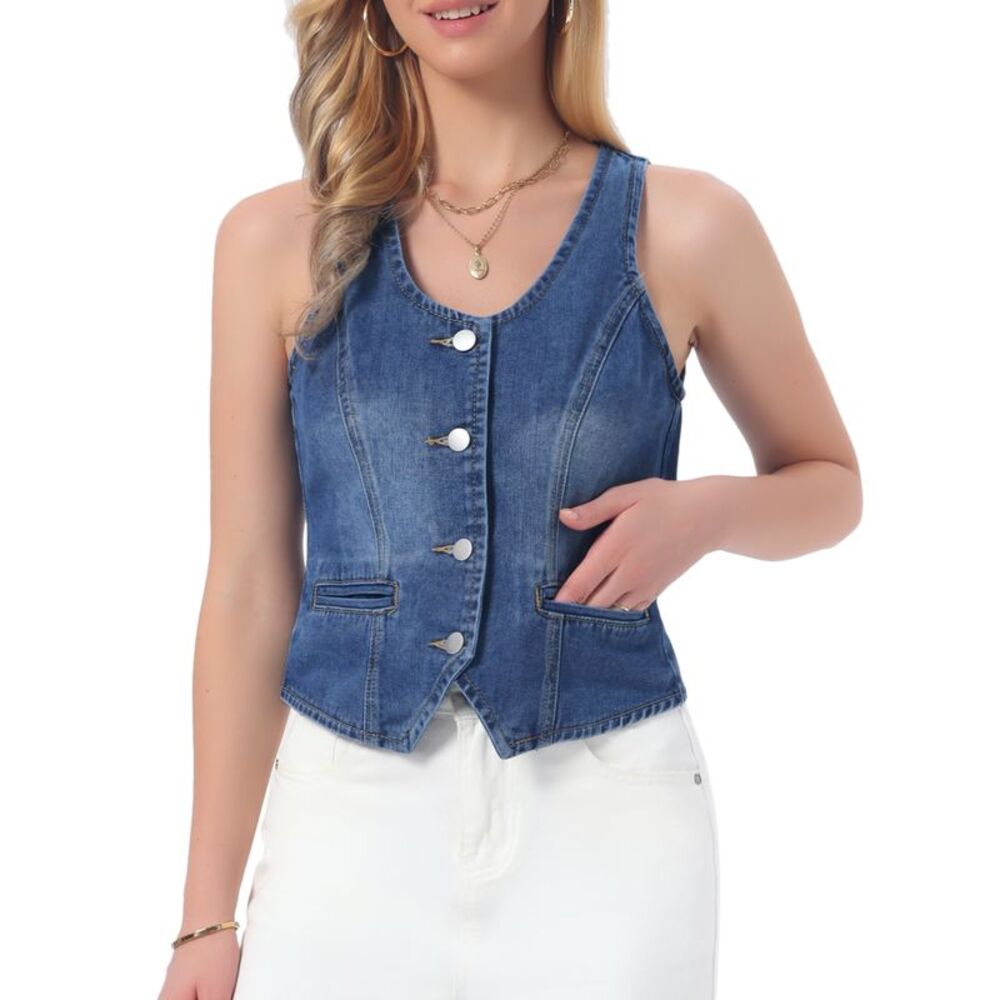 Women's Denim Vest Button Down U Neck Jean Vest Blue
